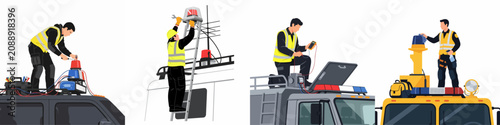 Foto Professional technicians installing and maintaining emergency lights, sirens, and electrical equipment on service vehicles, utility trucks, and emergency response units