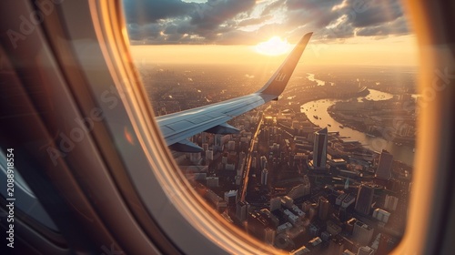 City skyline from airplane window, travel journey concept.