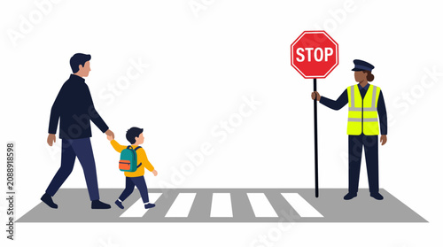Father and son crossing street with crossing guard holding stop sign Education and back to school.