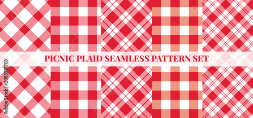 Red white diagonal tablecloth plaid seamless pattern set, retro check textile fabric texture