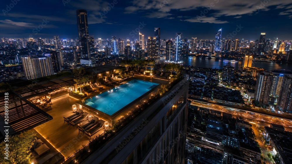 Fototapeta premium Night City Rooftop Infinity Pool Terrace With Luxury Lounge And Illuminated Skyline