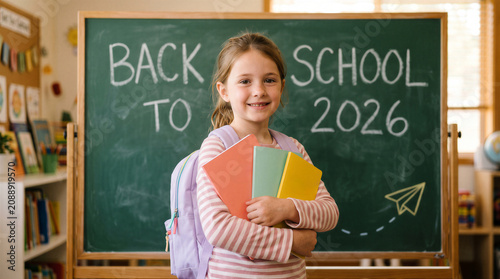 Happy young girl holding notebooks in front of a chalkboard in a classroom, ready for the new school year, back to school 2026 concept