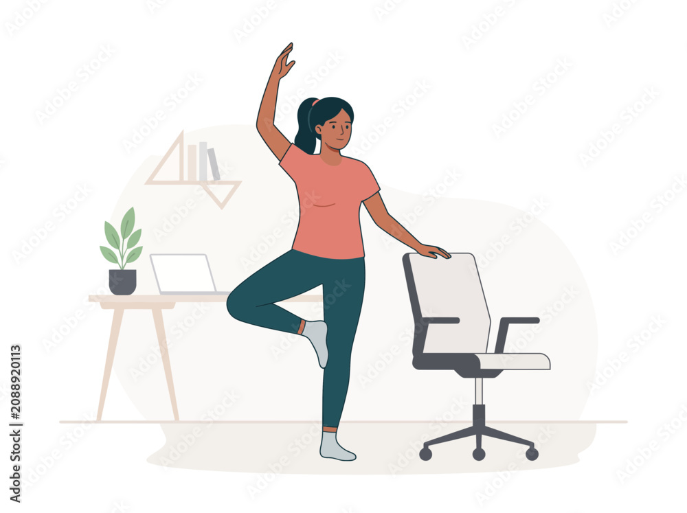 Fototapeta premium Flat vector illustration of adaptive chair yoga for remote workers, featuring a standing balance pose, ergonomic wellness concept, and copy space for workplace health campaigns.