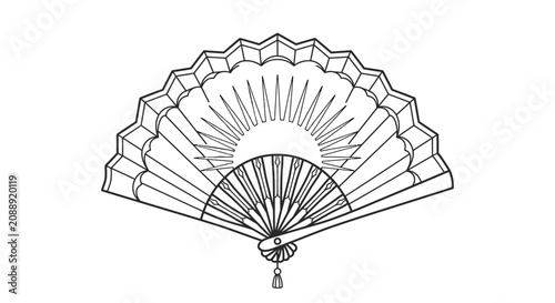 A detailed black and white line art illustration of a traditional folding hand fan.