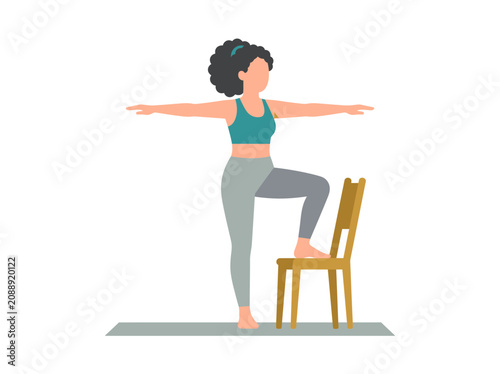 Flat vector illustration of adaptive chair yoga for remote workers, featuring a standing balance pose, ergonomic wellness concept, and copy space for workplace health campaigns.