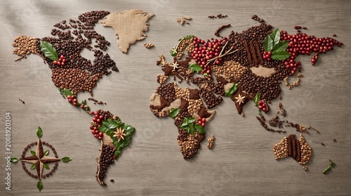 World map crafted from roasted coffee beans and fresh red cherries  for global trade concept