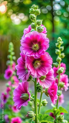 A lush pink hollyhock plant with a vibrant purple stem surrounded by delicate frilly flowers