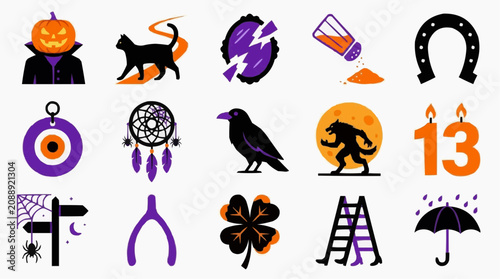 A collection of Halloween and superstition icons, including a pumpkin head, black cat, broken mirror, spilled salt, horseshoe, evil eye, dreamcatcher, crow, werewolf, number 13, spiderweb sign.