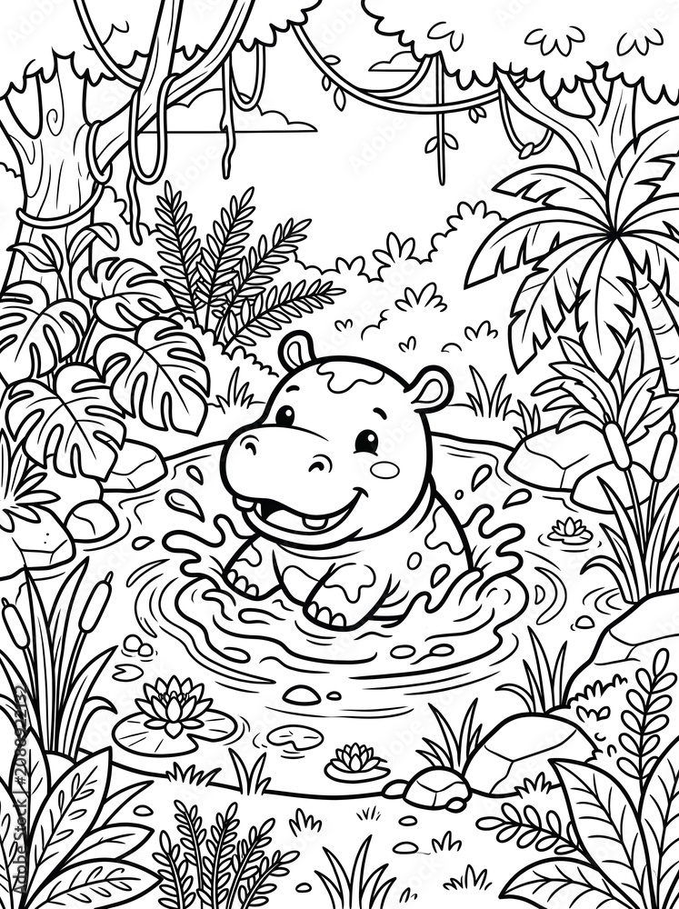 Fototapeta premium fun Rainforest Coloring Adventure designed with tropical rainforest scenes Adorable Hippo Coloring Page for Kids in Jungle Scene with Splashing Water and Tropical Foliage