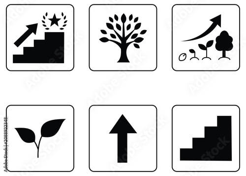 Green Plant Growth Stages Line Icon Set: Vector Illustration of Young Sprout Seedlings with Roots and Soil for Ecological, Agriculture and Sustainable Environment Design