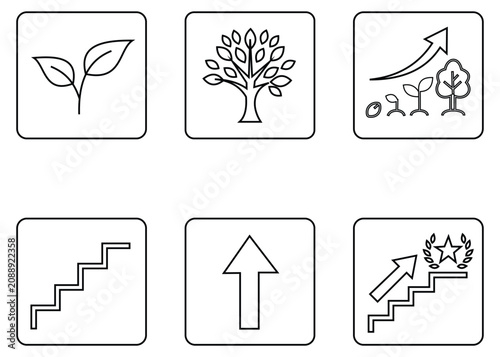 Green Plant Growth Stages Line Icon Set: Vector Illustration of Young Sprout Seedlings with Roots and Soil for Ecological, Agriculture and Sustainable Environment Design
