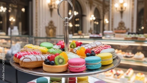 Assortment of Colorful French Macarons and Pastries on a Tiered Stand