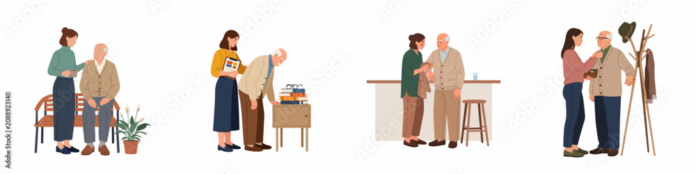 Fototapeta premium Flat illustration set depicting a female caregiver assisting an elderly man with daily activities like dressing, reading, and taking breaks.