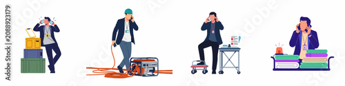 Set of busy film production crew members multitasking with phones, managing equipment, cables, and logistics on a movie set.