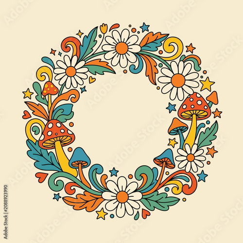 Psychedelic Wreath with Mushrooms and Flowers