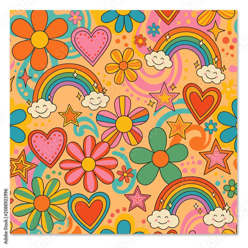 Retro 70s Groovy Flower Heart Rainbow Star Pattern