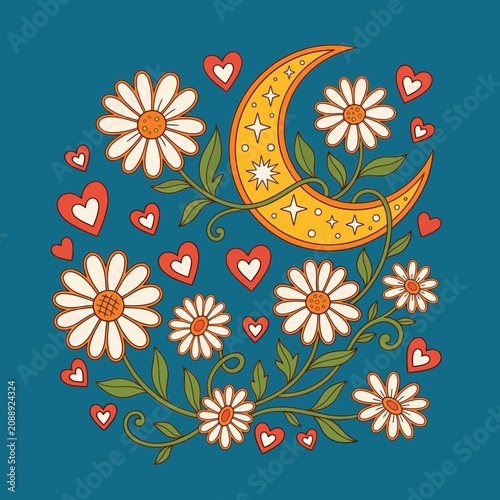 Whimsical Crescent Moon with Daisies and Hearts, Bohemian Style Illustration