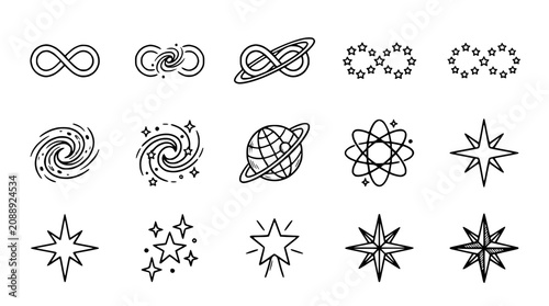 Cosmic Symbols: Infinity, Galaxies, Planets, Stars, Atoms - Line Art Icons