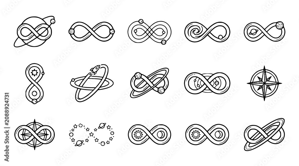 Obraz premium Infinity Symbol Variations: Space, Planets, Stars, Compass Designs - Hand Drawn Icons