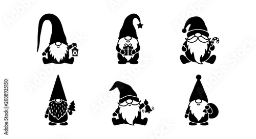 Photos Christmas gnomes black silhouettes set, Scandinavian tomte vector icons, winter