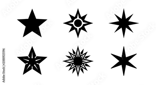 Minimalist star icon set, black geometric starburst shapes, vector design elements