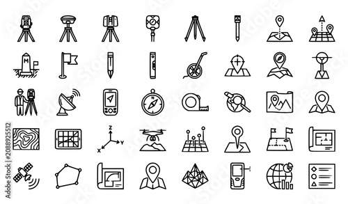 Foto Geodesic surveying and land mapping outline icon set with theodolite, tripod, GP