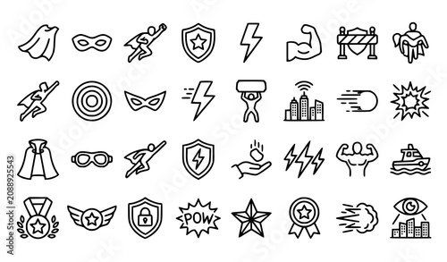 Fotografie Superhero line icon set featuring flying hero, cape, goggles, city skyline, ligh