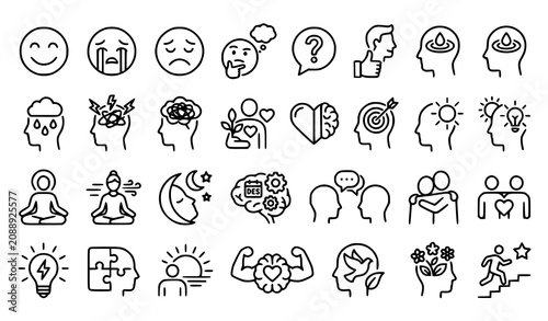 Bild auf Leinwand Mental wellbeing line icon set with emoji expressions, meditation, sleep, stress