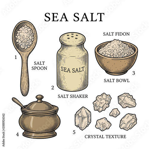 Fotografie Sea Salt Illustration: Spoon, Shaker, Bowl, and Crystals