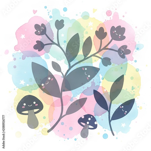 entle grey silhouettes depict botanical branches and mushrooms, each adorned with small, cheerful smiling faces, watercolor background with splashes of pastel colors pink, blue, green and yellow.