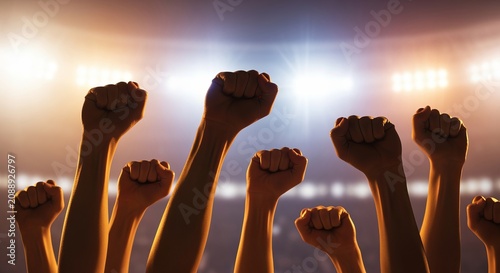 Silhouetted Hands Raised in Victory and Celebration Against Vibrant Stadium Lights at Night Event