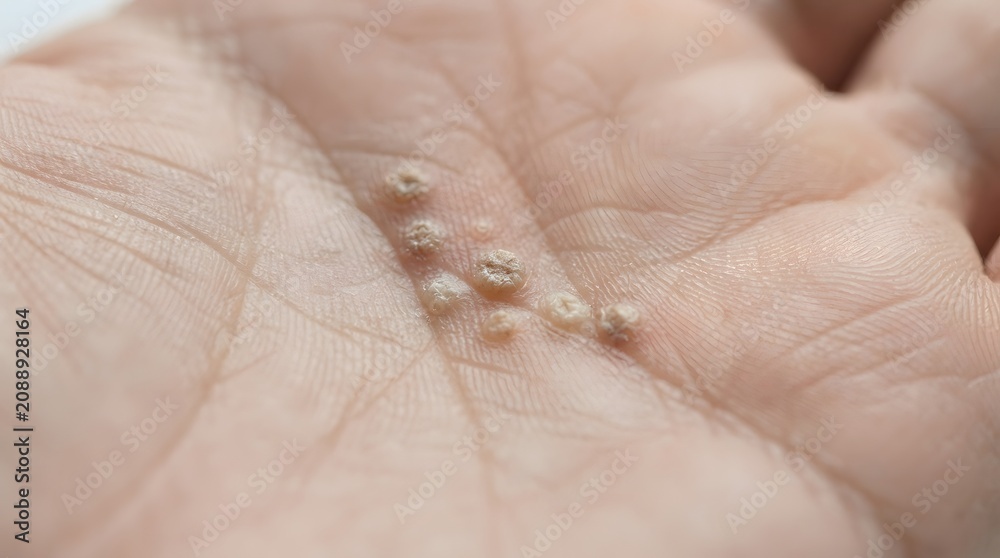 Fototapeta premium Macro view of viral warts on a human hand palm showing skin texture