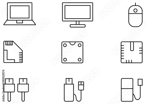 Computer Hardware and Components Line Icon Set: Minimalist Vector Illustration of Laptop CPU, Motherboard, SSD, RAM, Peripheral Devices and Network Technology