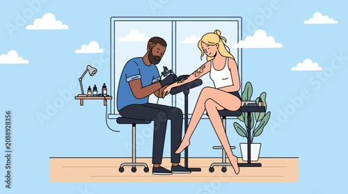 Tattoo artist working on woman's leg.