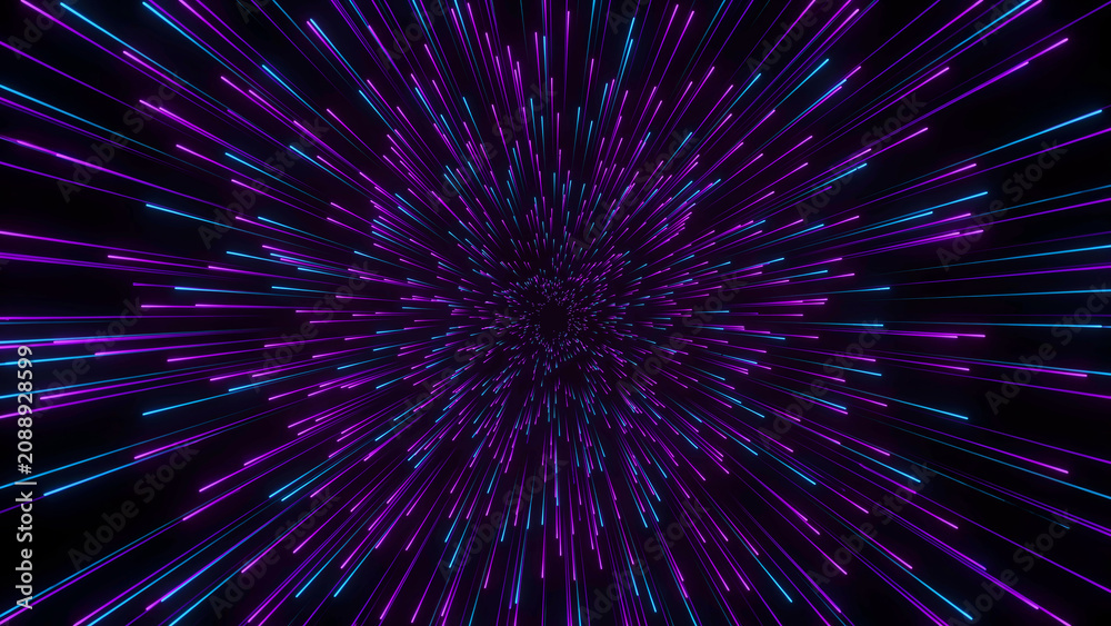 Fototapeta premium Abstract light streaks radiating in a dark space background with vibrant purple and blue neon glow