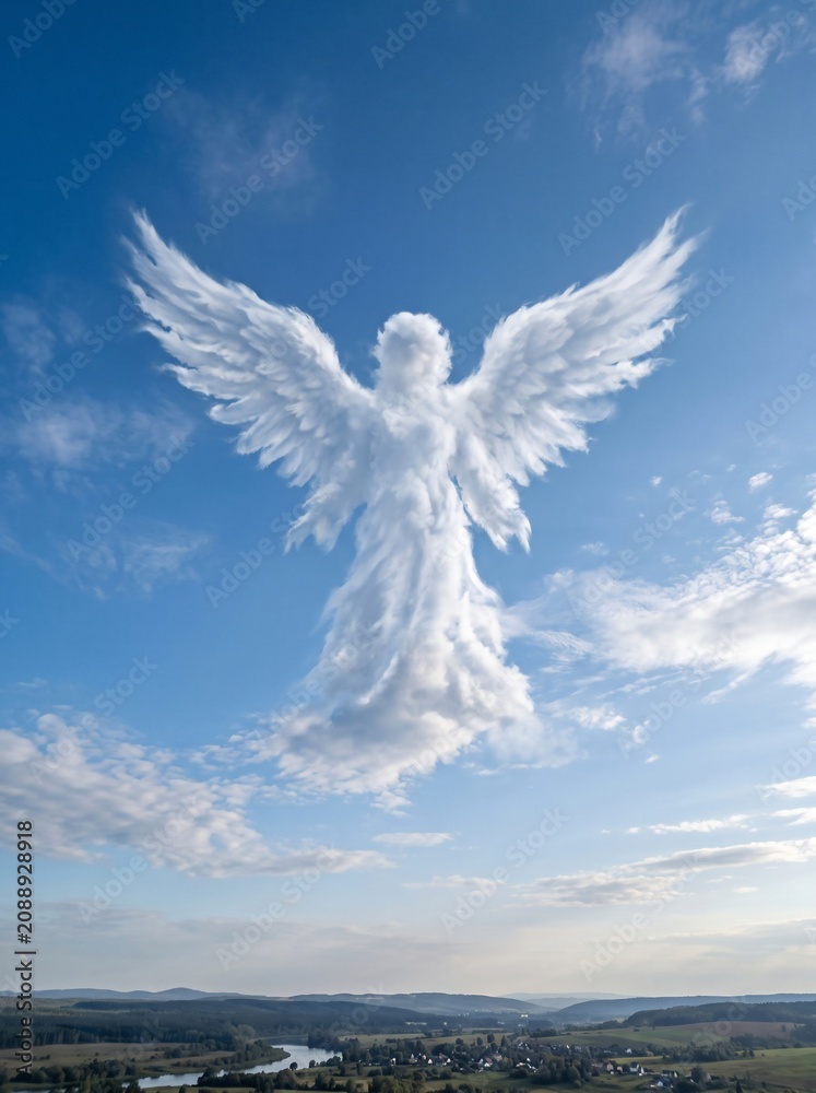 Fototapeta premium A majestic angel shaped cloud floating in the bright blue sky above a landscape.