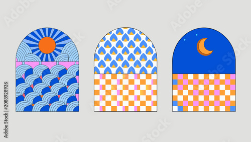 Photos Arched panels featuring sun raindrops and moon with checkered bases