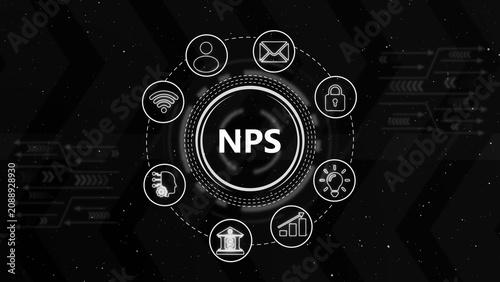 Nps net promoter score concept with circular data analytics symbols, and abstract digital background