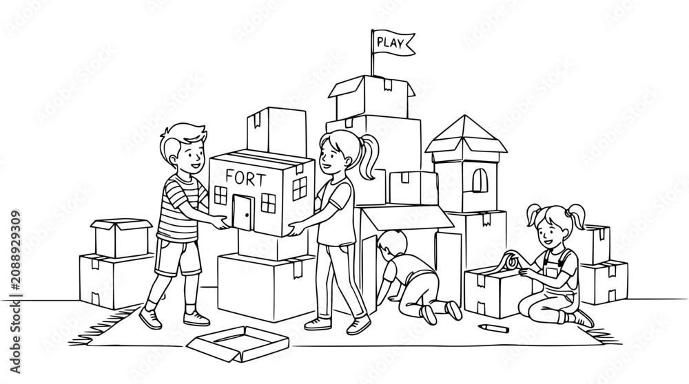 Obraz premium Children building cardboard box fort, imaginative play, creative childhood fun