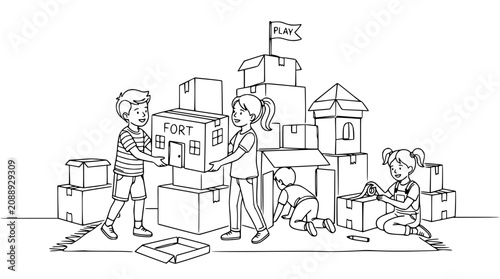 Foto Children building cardboard box fort, imaginative play, creative childhood fun