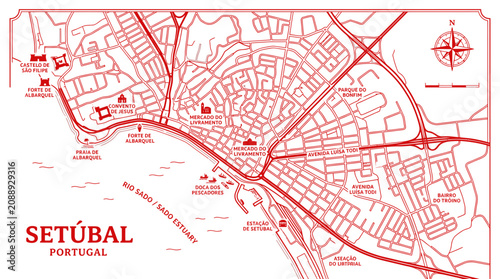 Bild auf Leinwand Setúbal Portugal Map Illustration, Red Line Art City Plan with Landmarks and Com