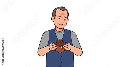 Financial distress of a broke man holding an empty wallet in clean flat vector style for debt management counseling