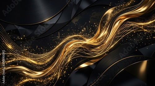 Elegant flowing golden lines with sparkling particles on a sophisticated deep black background for luxurious abstract design projects and creative art web
