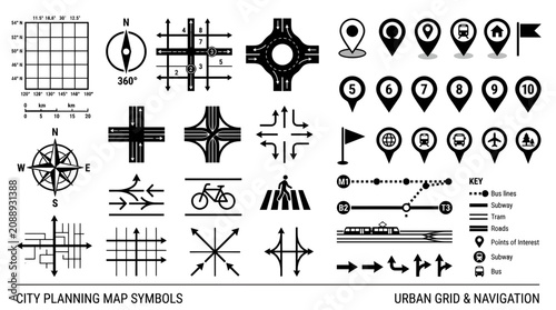 Urban Navigation and City Planning Map Symbols Set