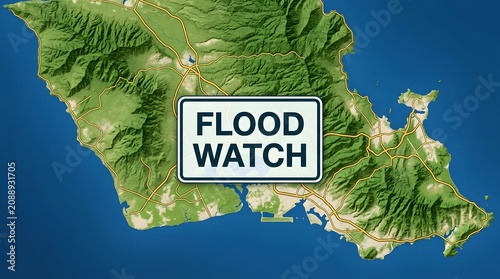 Flood watch warning sign over topographical island map indicating severe weather and natural disaster risk