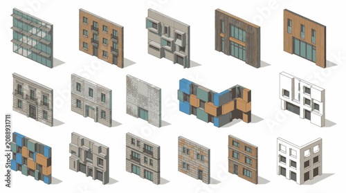 Isometric vector illustrations of modern urban buildings and residential architecture designs.