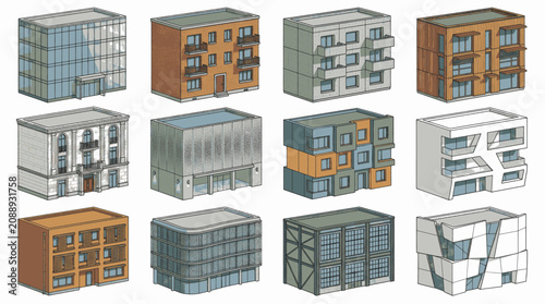 Принти на полотні Collection of detailed isometric illustrations depicting various modern building types and architectural styles