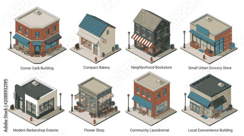 Принти на полотні Isometric illustration of various industrial and commercial building types in cityscape