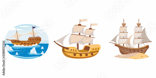 фотографія Cartoon Style Ships Depicted In Distinct Scenes White Background