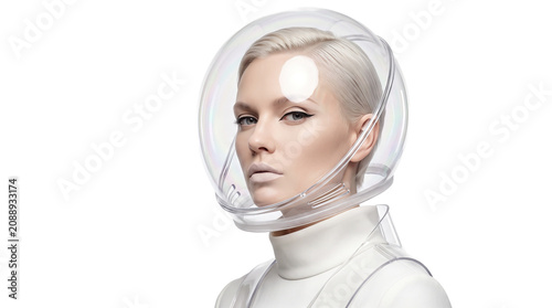 Futuristic Woman Wearing Transparent Astronaut Helmet and White Outfit